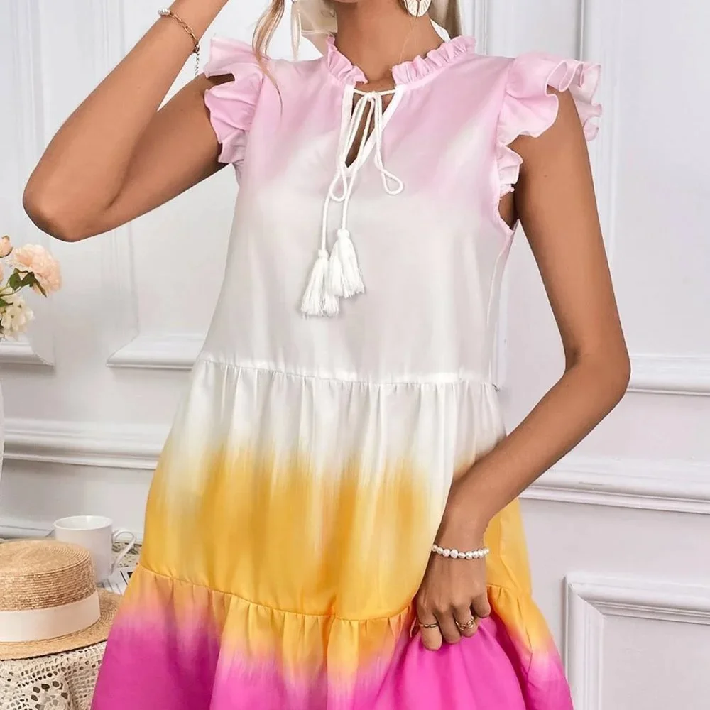 Tie Dye Frill Tie Neck Ruffle Hem Smock Dress - Picture 3 of 5